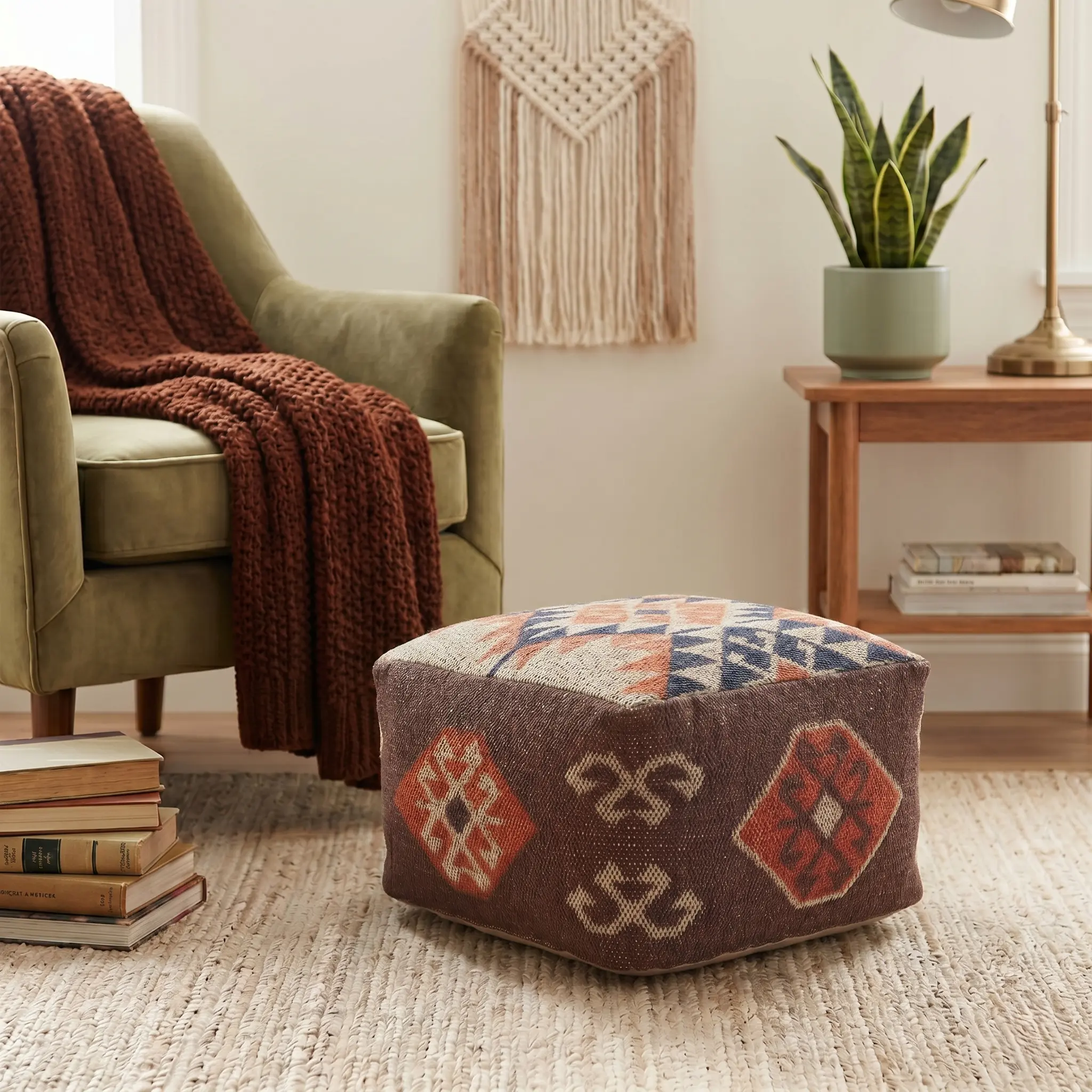 Ashford Handmade Bohemian/Eclectic Kilim Square Indoor Small Pouf Ottoman, Brown/Orange
