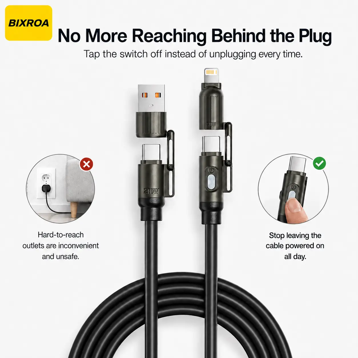 Bixora 240W 4-in-1 Charging Cable with Power On-Off Switch, Super Fast Charging for iPhone, Android, MacBook (No More Unplugging Convenience)
