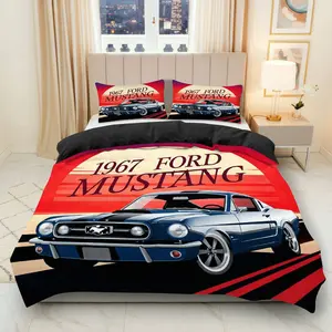 3PCS Duvet Cover Set, 1 Duvet+2 Pillowcases(Without filler), Vintage Car Mustang Retro Classic theme, Birthday bedding set, Car Enthusiast Gift Suitable for decoration Bedroom Hotel Guestroom Living Room.