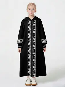 Girls' Muslim Geometric Hooded Prayer Dress, Long Sleeve Loose-Fitting, All over Print, Asymmetrical Design, All Seasons