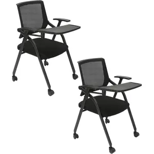 2 Pcs Foldable Conference Room Chair, Stackable Tablet Arm Chair with Wheels, Ergonomic Lumbar Support & Thickened Sponge Seats Cushion, for Office, School Classroom, Training Conference (2 PCS)