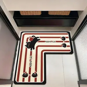 1pc Irregular L-Shaped Kitchen Mat, Cat Cartoon Design, Absorbent Non-Slip Silicone Mudmat, Easy Clean Rug Pad, Bathroom Floor Mat