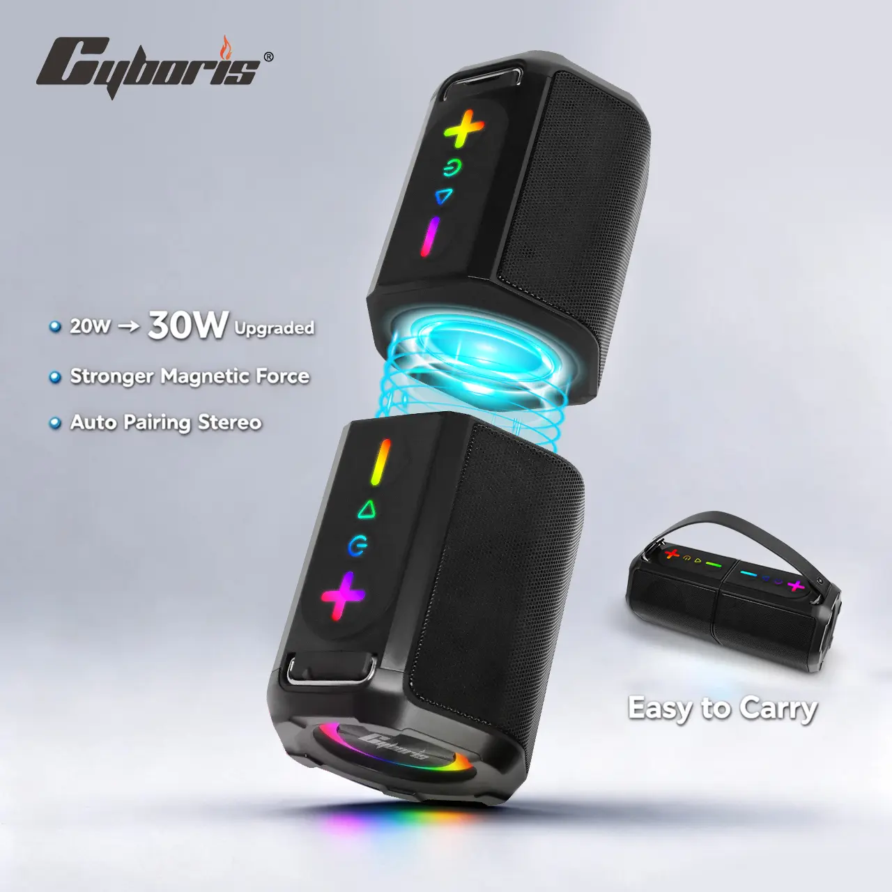 Cyboris S20 All-New Mecha-Style Magnetic Rotating 2-in-1 Portable Wireless Bluetooth Speaker – Metal Grille, 30W Output, Bluetooth 5.4, Wired Connection Support; Ideal for Travel/Outdoor Use (Black); Audio System, Back-to-School Gift, Cool Tech Gadget