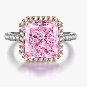 5CT Pink Diamond simulated cubic zirconia Ring VVS Brilliant Cut Halo Rings For Women, Tarnish Resistant Silver, Set with Fancy Vivid Pink 10X10MM， Cocktail Rings, Suitable For Engagement, Birthday, Anniversary