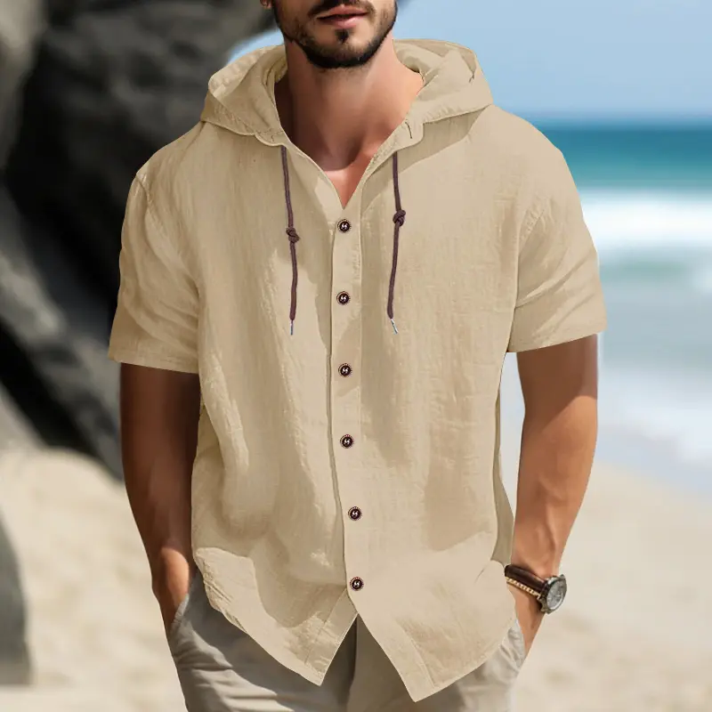 Your top choice for staying cool in summer! Men's Cotton-Linen Hooded Short-Sleeve Shirt, Breathable Casual Vacation Style Top