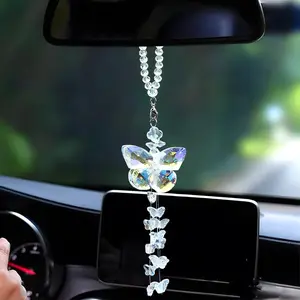 Glass Butterfly Rearview Mirror  Pendant- Bling  Rear View Mirror Charm with Butterflies Tassel Bead- Lucky Presents Auto Interior Decoration Accessories for  (Butterfly)