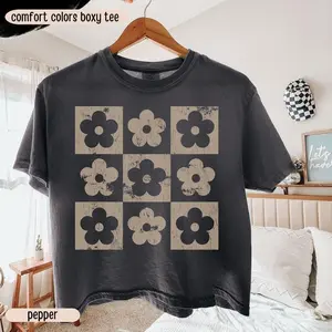 Comfort Colors® Boxy Crop Top Checkered Flowers Crop Tee Boho Floral Boxy Tee Gift For Mom Spring T Shirt Trendy Floral
