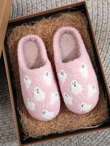 women's cute cartoon ghost pattern plush slippers, casual soft comfortable home slippers, warm slippers for indoor & outdoor use for all seasons