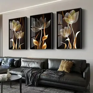 3pcs Black and Golden Flower Wall Art Canvas Painting, for Living Room Decor Modern Abstract Posters, Modern Floral Paintings