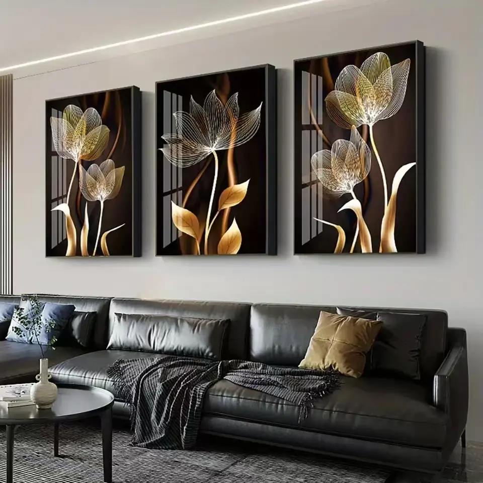 3pcs Black and Golden Flower Wall Art Canvas Painting, for Living Room Decor Modern Abstract Posters, Modern Floral Abstract Design Paintings, Art Canvas Prints