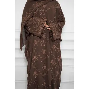 JANNAH closed farasha abaya with matching hijab. Soft, flowy fabric that drapes beautifully for a full modest look. Detailed embroidery adds a subtle touch. Lightweight and comfortable, perfect for any occasion, easy to dress up or keep simple