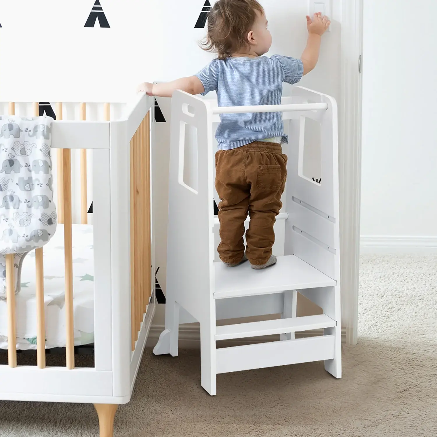 Wooden Kids Step Stool, Kitchen Tower for Toddler with Adjustable Footrest