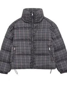 Women's Long Sleeve Stand Collar Plaid Elastic Cuff Front Zip Pocket Drawstring Hem Adjustable Closure Vintage Loose Cotton Jacket Coat Outerwear Spring Womenswear