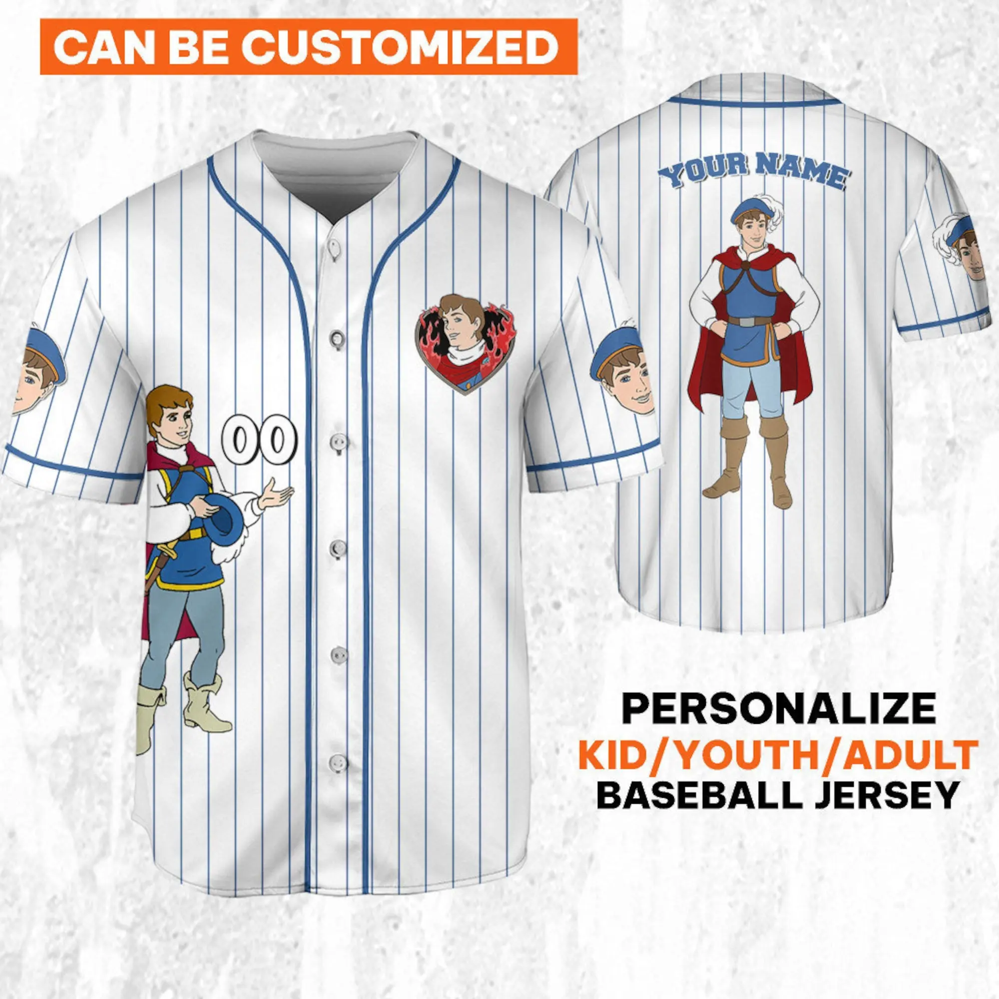 Personalize   Snow White Prince Florian White  Jersey  Custom Kid Youth Adult Baseball Jersey  Custom   Birthday Gift