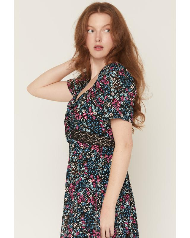 Idyllwind Women's Dudley Floral Print Short Sleeve Tie-Front Midi Dress - Iwsp26d2-Blk