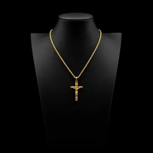 18K Gold Plated Rope Chain with Crucifix Pendant, 4mm 20 Inch