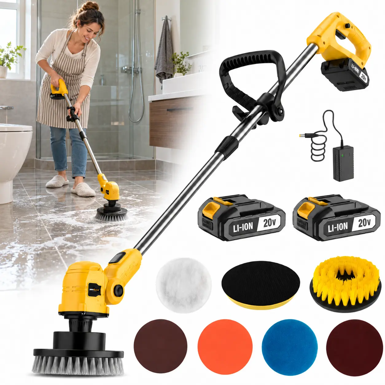 20V Cordless Electric Floor Scrubber, Rechargeable Power Cleaning Brush with Extendable Pole, Adjustable Head and Interchangeable Brush Attachments for Tile Floors, Grout, Bathroom, Kitchen and Patio