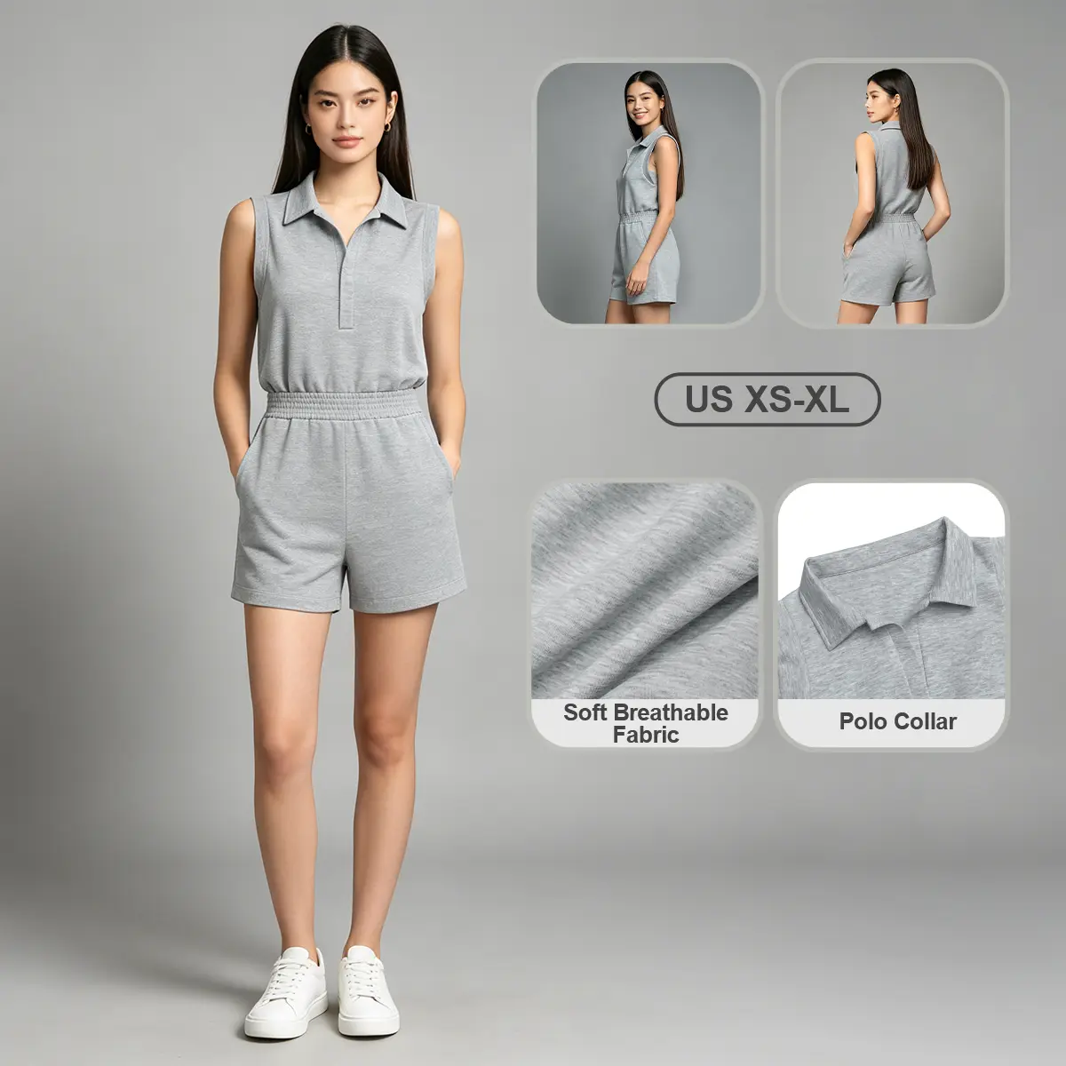Women's Pwest NYC Sleeveless Polo Romper - Casual Summer Sports Jumpsuit Shorts, Sporty Chic Collar, Elastic Shirred Waistband, Soft Heathered Fabric, Functional Pockets, Street Style, Casual Jumpsuits, Fitted,back to school,back to school haul