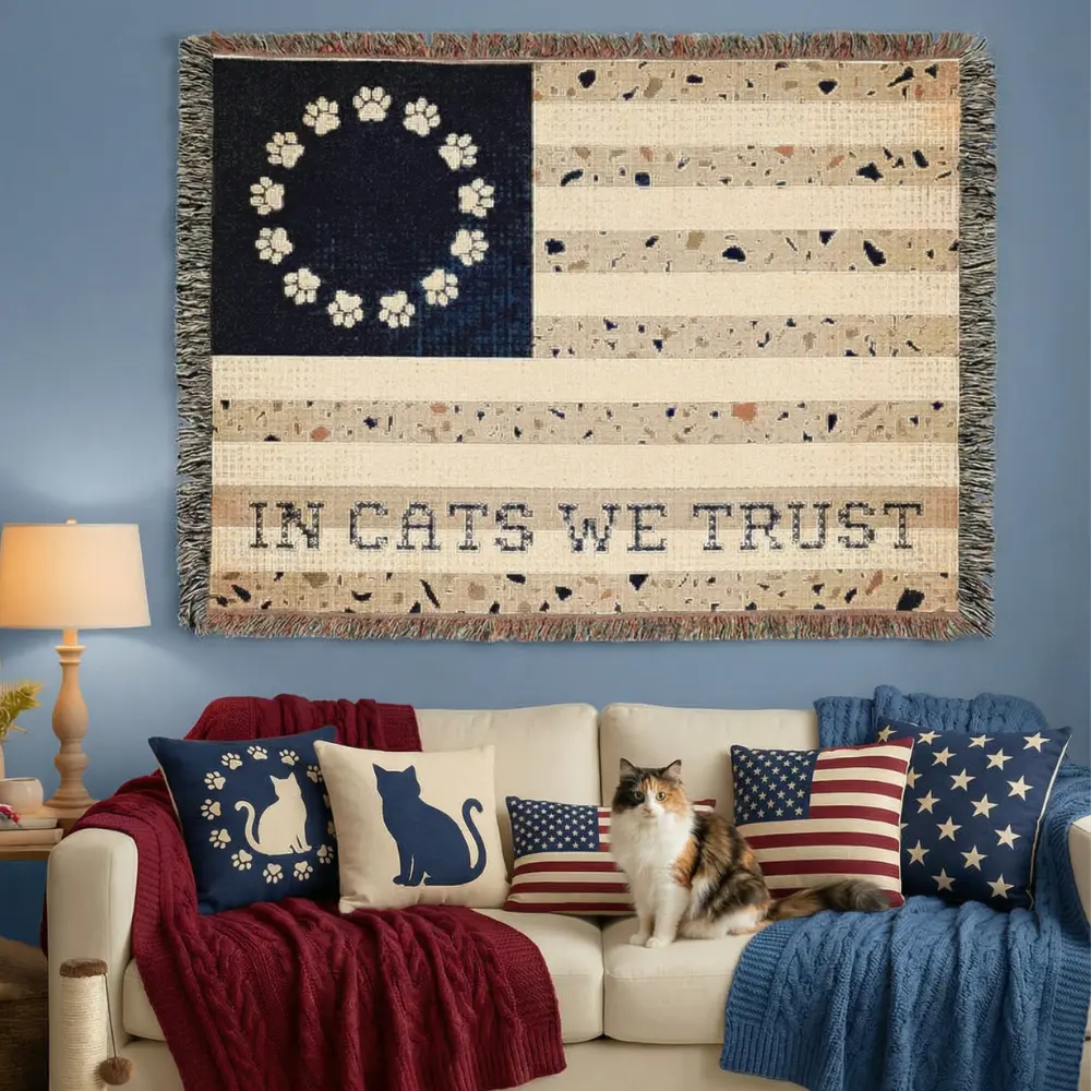 In Cats We Trust Woven Throw Blanket - Boho Cotton Tapestry, Patriotic Cat Flag Wall Art