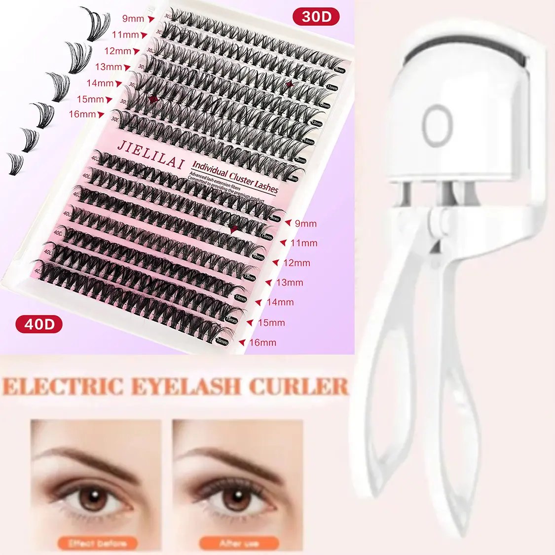 Electric Eyelash Curler + False Eyelash 30D/40D Set Combo / Silicone Eyeliner Aid + Eyebrow Brush 2-Piece Set