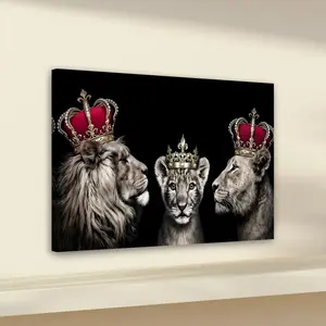 1pc Wooden Framed, Royal Lion Family Canvas Poster, Coronation Lion Wall Art Print Poster, King, Queen, and Cub Art Painting, Imperial Jungle Animals, Ideal for Bedroom, Office, Living Room, Wall, Room, and Home Decor