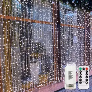 [New Deal]- Curtain Lights Battery Operated, 9.8Ft x 9.8ft 300 LED Curtain String Light with Remote Timer 8 Modes Hanging Lights for Wedding Party Home Garden Wall Decor (Cool White)