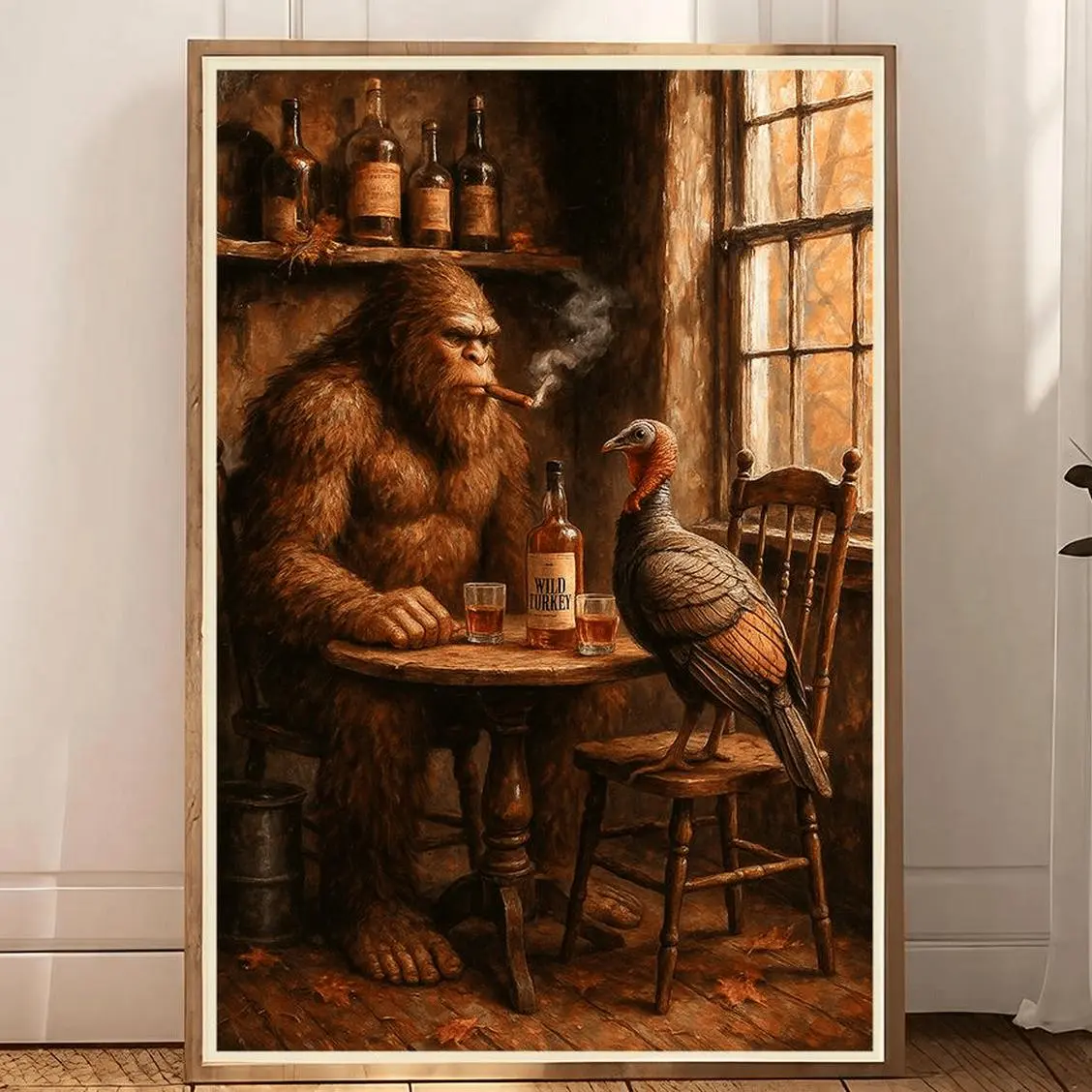 Bigfoot, Turkey & Raccoon Light One Up And Pop A Brew Print, Vintage Animal Unframed Poster, Funky Western Wall Art, Cabin Cave Decor, Gift Fashion Editorial Poster