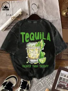 Men's Cocktail Aesthetic Short Sleeve Round Neck T-Shirt, Breathable Cotton Fabric Tequila & Lime Print, Casual Streetwear Fitted Top for Daily Wear and Parties