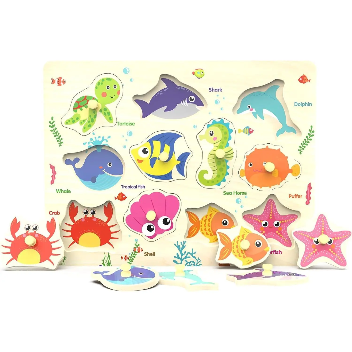 Z-ITC10 Wooden Peg Puzzle, Sea Creature Chunky Baby Puzzles, Colorful Wood Shape Puzzle Peg Board, Animal Knob Puzzles for Educational Toddlers 18 Months and Up, 11 Pieces