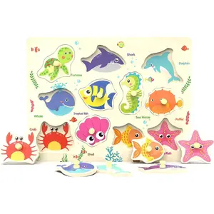 Z-ITC10 Wooden Peg Puzzle, Sea Creature Chunky Baby Puzzles, Colorful Wood Shape Puzzle Peg Board, Animal Knob Puzzles for Educational Toddlers 18 Months and Up, 11 Pieces