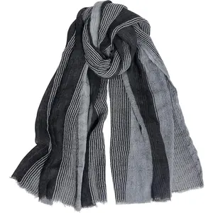 -Linen Scarves Mens Stripe Crinkle Long Scarf Fashion Wrap Shawl for Travel