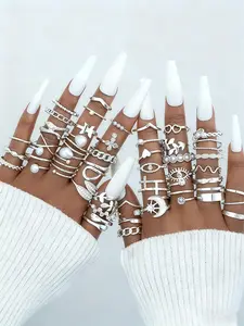 45 Piece Elegant Women's Ring Set, Butterfly Heart Moon Star Sun Eye Design, Daily Wear, Halloween Christmas Valentine's Gift, Stacking Ring Set