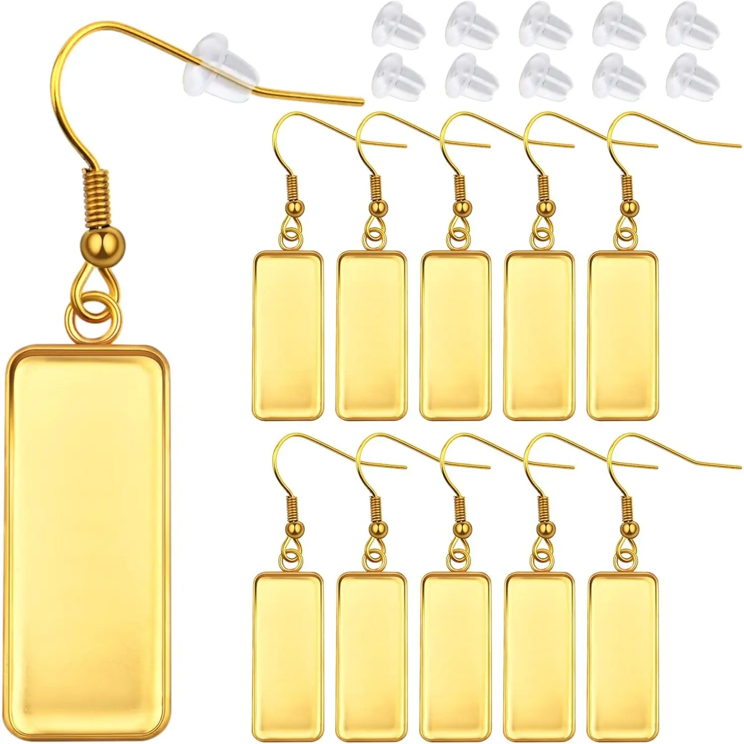 20pcs Stainless Steel Wire Hooks with 10x25mm Blank Rectangle Trays Cabochon Settings Pendant Trays and 20pcs Silicone Earring Stoppers for DIY Crafts Jewelry Making, Golden
