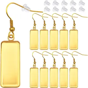 20pcs Stainless Steel Wire Hooks with 10x25mm Blank Rectangle Trays Cabochon Settings Pendant Trays and 20pcs Silicone Earring Stoppers for DIY Crafts Jewelry Making, Golden