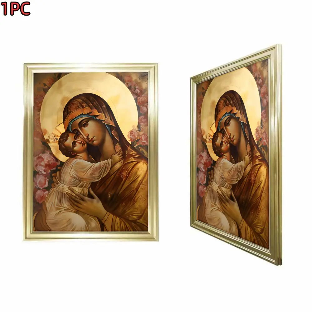 1pc Framed Gold Frame  Religious Art Gold Frame Canvas Print For Living Room Bedroom Church Decor With Holy Mother And Child Image