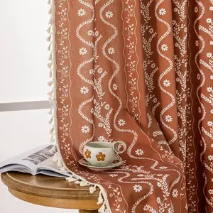 Boho Linen Curtains for Living Room Patterned Farmhouse Curtains 2 Panels, Tassel Terracotta Floral Fall Window Curtain for Bedroom Dining Room Kitchen 84 Inch Long,Rust Burnt Orange