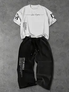 Men's Short Sleeve T-Shirt Long Pants Set, Printed Round Neck T-Shirt + Versatile Drawstring Loose Casual Sporty Pants, Spring Summer Outdoor Leisure Set Outfit