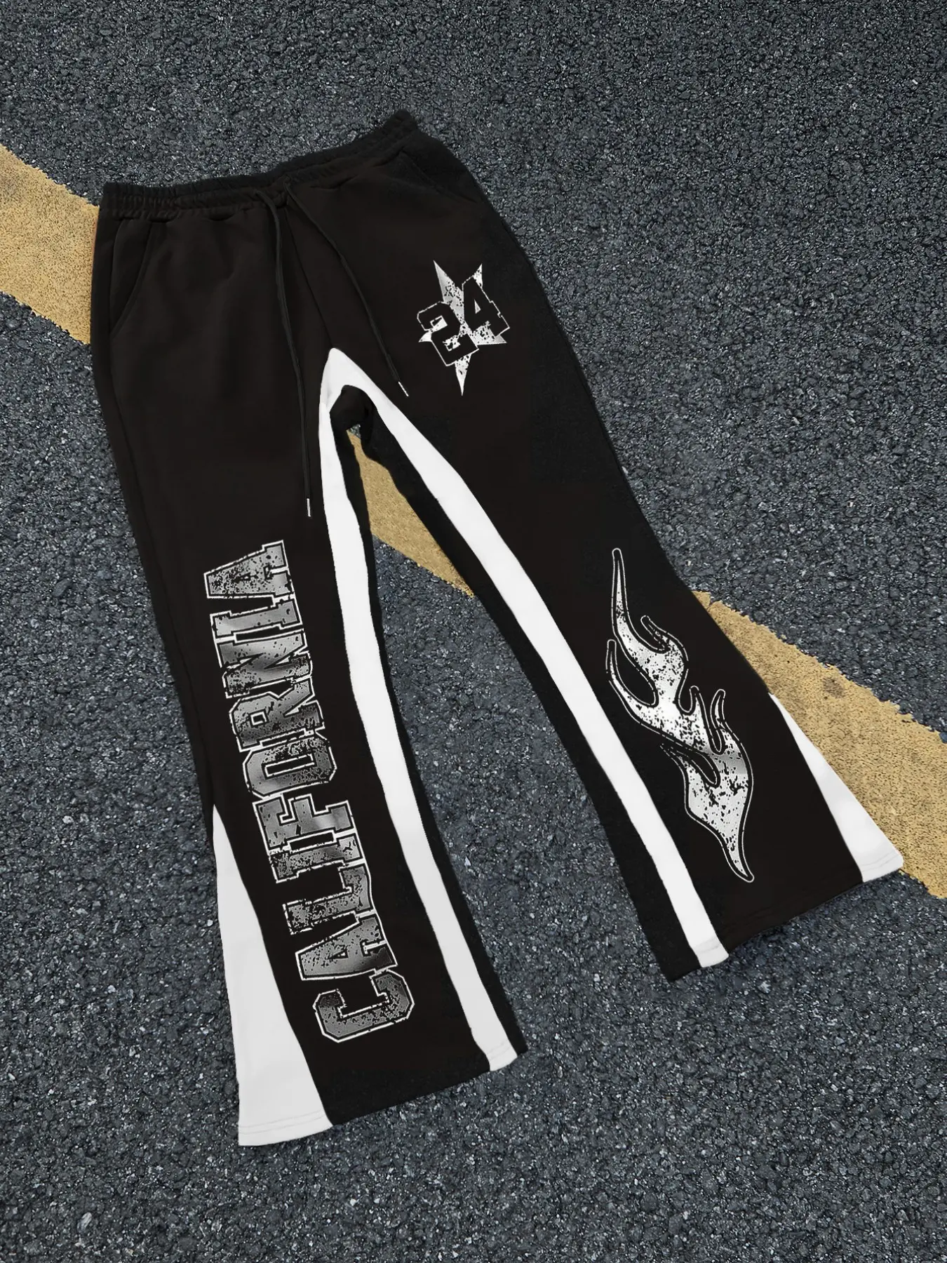 Unisex and Wide-Leg Drawstring Waist Sweatpants, Tracksuit Bottoms, 'california' Handwritten Graphic with Number 24 & Flame Print, Comfortable Casual Style for All Seasons
