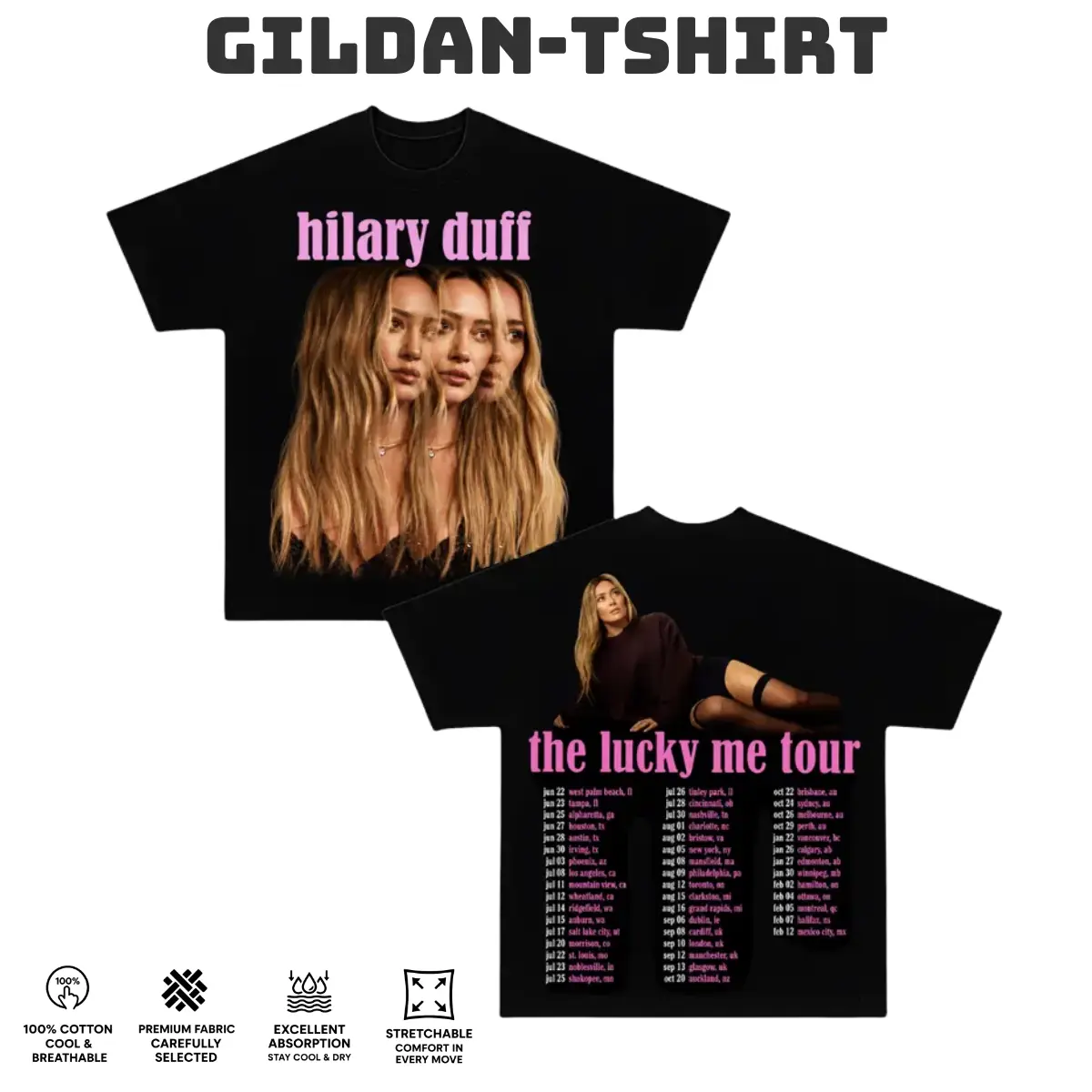 HilaryDuff Lucky Me Tour Double Sided Graphic Tee, Vintage Pop Singer Tour T-Shirt, Concert Fan Merch, Heavyweight Cotton Oversized Streetwear, Retro Music Gift Tee