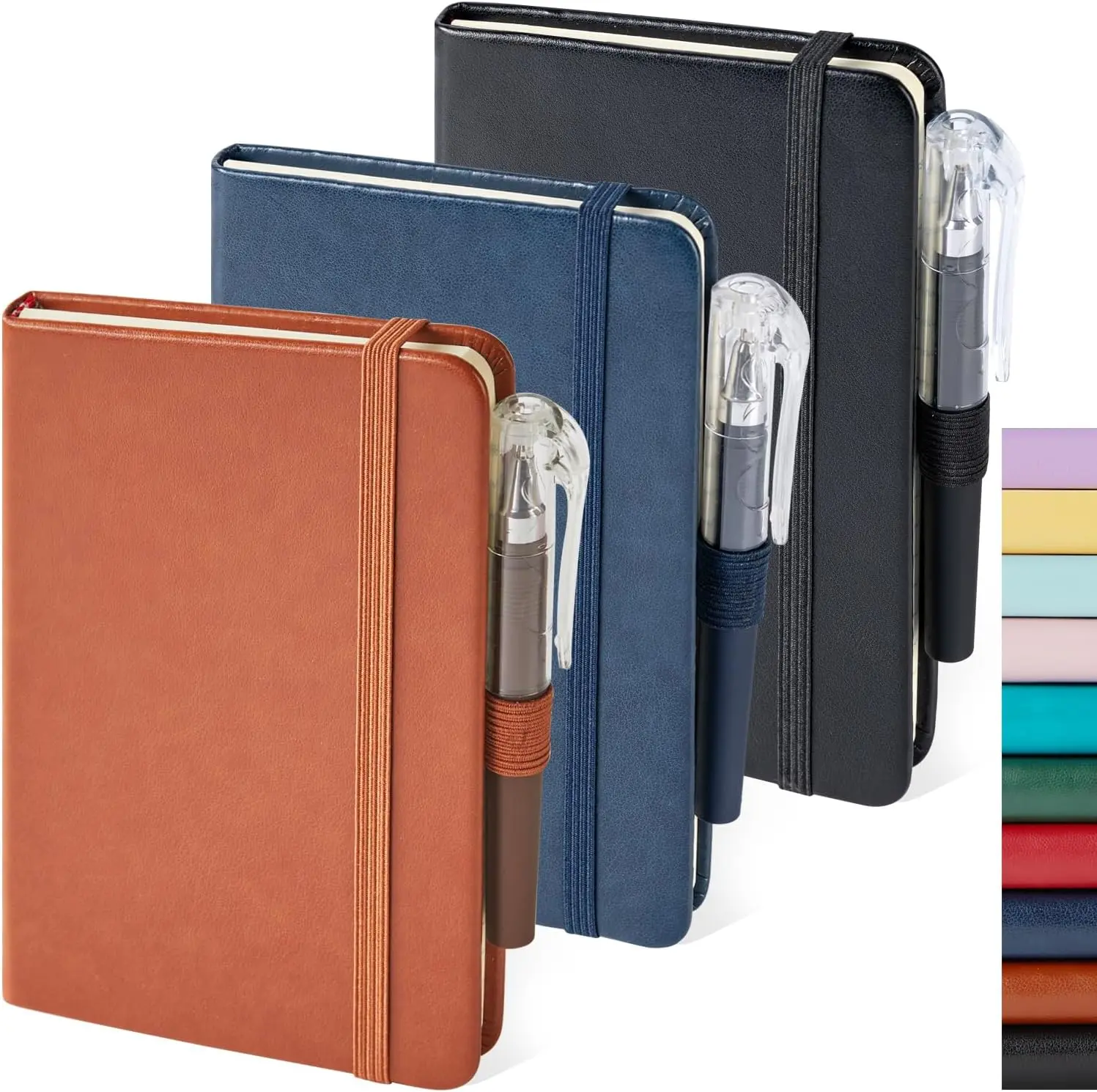 3-Pack Mini Pocket Travel Notebooks (3.7"x5.7"), Office Stationery with 3 Black Pens, Pen Holder, 100gsm Ivory Ruled Pages (408 Pages), Date Columns, Elastic Closure (Black/Brown/Blue)