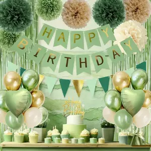 Sage Green Birthday Party Decor - Gold Balloons, Olive Banner & Fringe Curtain, Neutral for All Ages