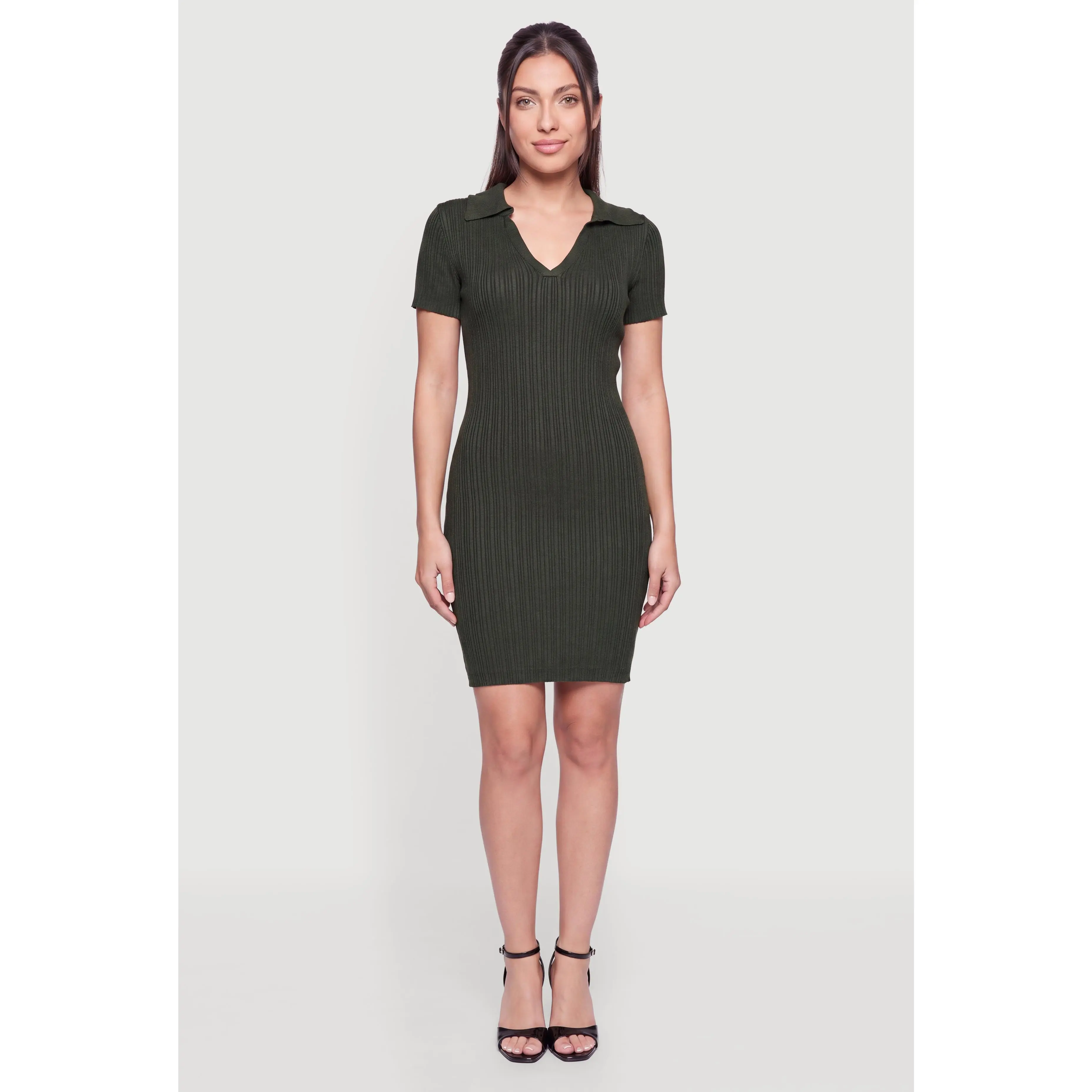 Ribbed Knit Johnny Collar Mini Dress