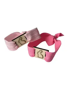 Easter Bracelet Bunny Charm Spring Jewelry for Basket Stuffers Goodies Pink Ribbon Wood Charm