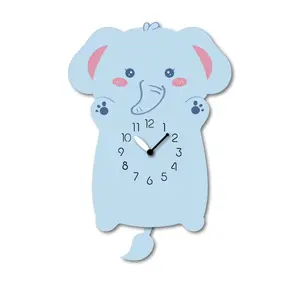 "Williow" Delightful Light Blue/Pink Elephant Shaped Pendulum Wall Clock, Playful Cartoon Style, MDF, 13.6'x9.4'x1.8', White Gift Box