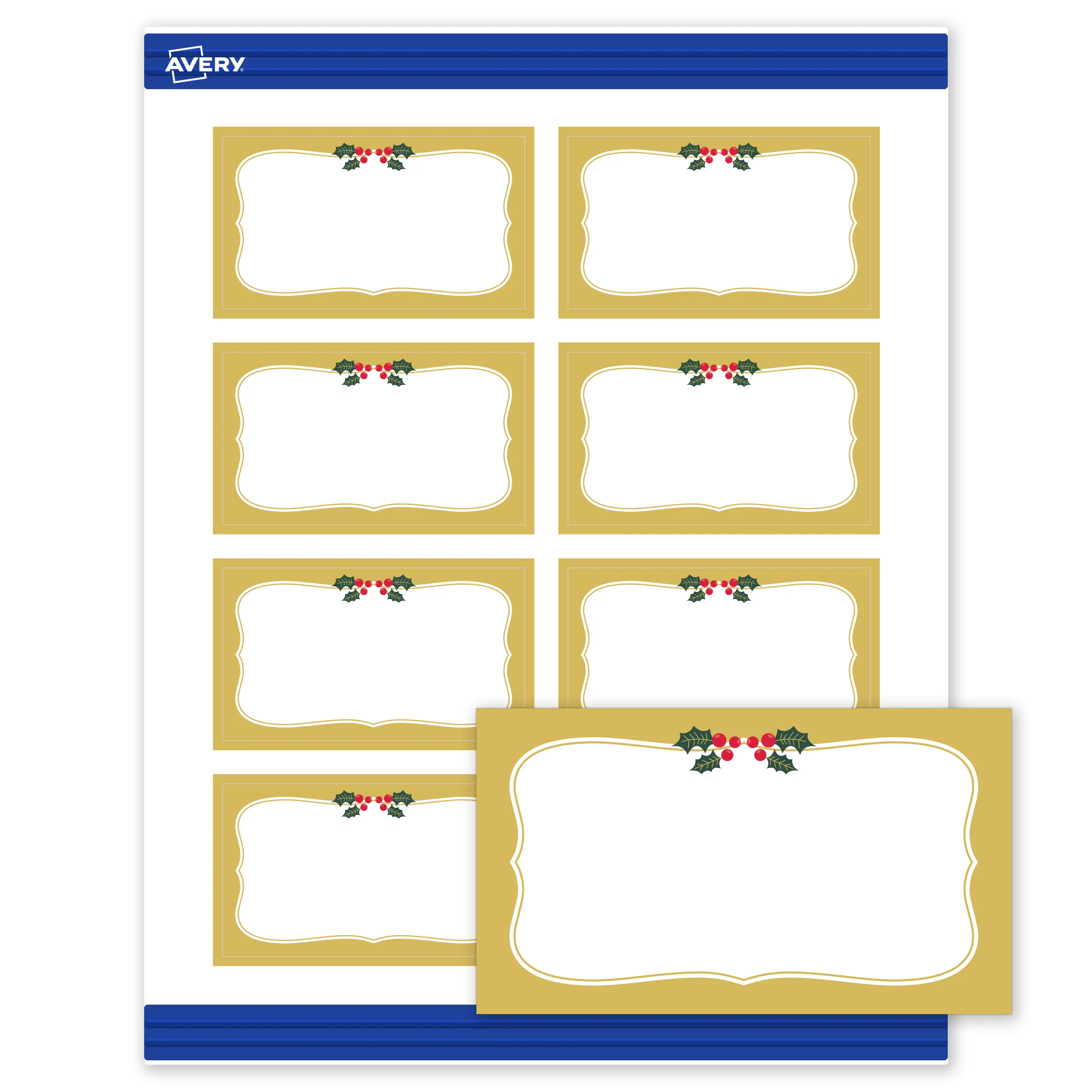 Avery® Printable Christmas Business Cards with Sure Feed® Technology, Rectangle, 2" x 3-1/2", Pre-Printed Metallic Gold Border with Holly Design, Matte White, Laser & Inkjet Compatible, 80 Total
