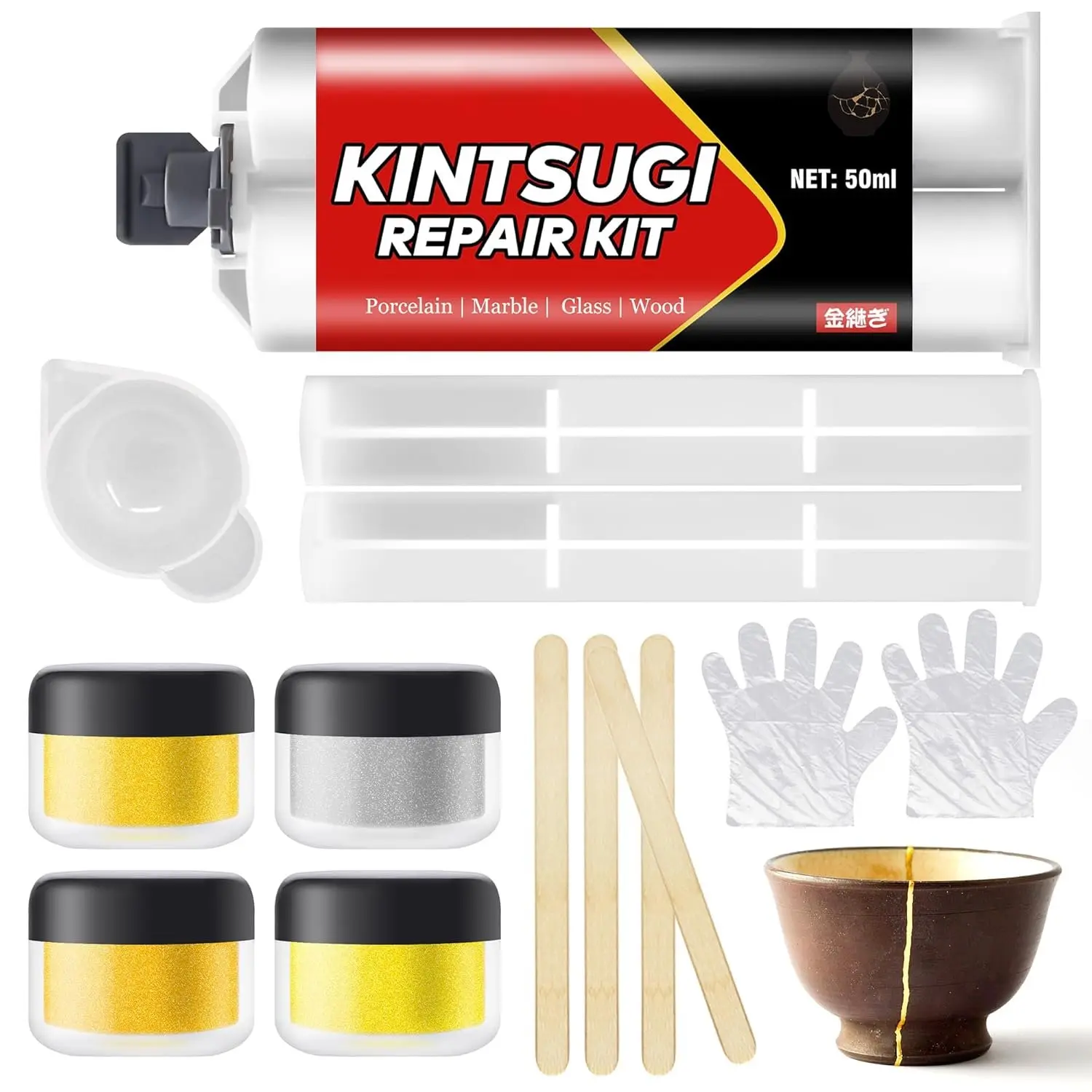 Kintsugi Repair kit  & ,  Safe Ceramic Glue for Repairing Bowls, Cups, Saucers, Vases, Pottery Repair Kit  for Beginners Restoring Meaningful Gifts and Art Craft, 50ml