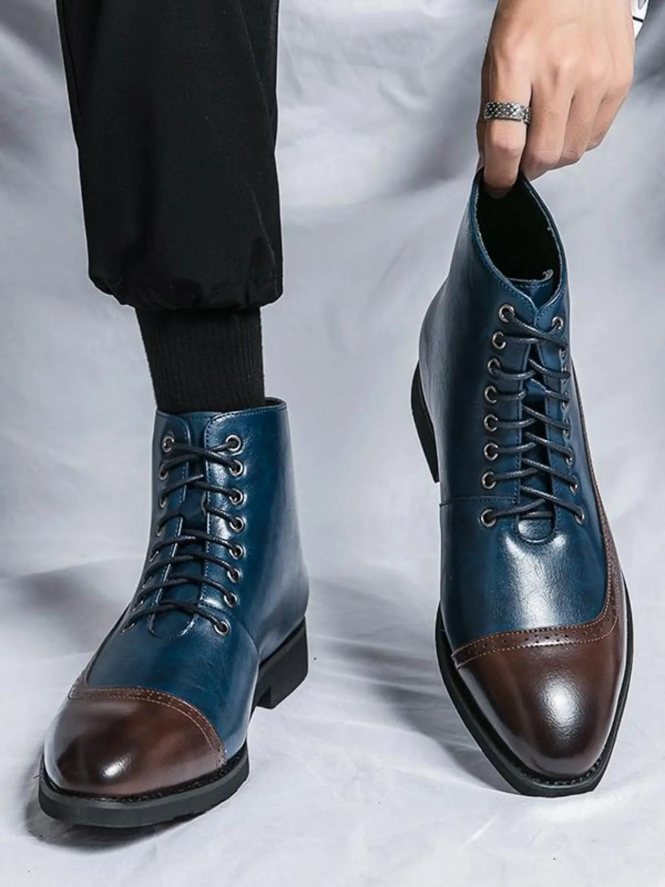 Men's Fashion Colorblock Patchwork Lace Up Boots, Casual Warm Boots, Casual Comfortable Pointed Toe Boots for Daily Wear, Fashion Shoes for Party, Daily Clothing Decor