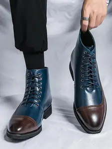 Men's Fashion Colorblock Patchwork Lace Up Boots, Casual Warm Boots, Casual Comfortable Pointed Toe Boots for Daily Wear, Fashion Shoes for Party, Daily Clothing Decor