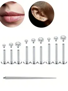 10pcs 16g Surgical Stainless Steel Piercing Jewelry Set, Tragus Conch Helix Ear Studs, Hypoallergenic Cz Flat Back Lips & Cartilage Earrings, Body Piercing Kit