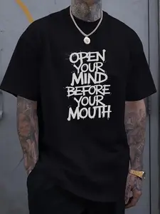 Curated Urban Edge Look - ‘OPEN YOUR MIND BEFORE YOUR MOUTH’ Distressed Typography with a Powerful Message for Daily Wear,Men's and women's style Summer personalized short-sleeved T-shirt. Simple design, casual look.